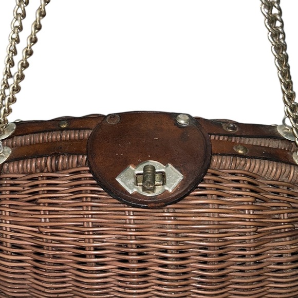 Vintage Brown Wicker Leather Silver Double Chain Strap Barrel Shaped Bag Clutch - Picture 4 of 13